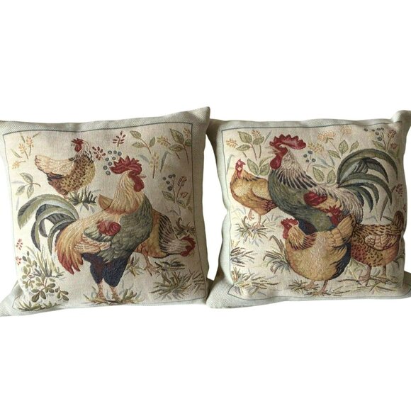 Vintage Jules Pansu Tapestry Pillow Covers Rooster Chicken Design (Set of 2) - Picture 2 of 13